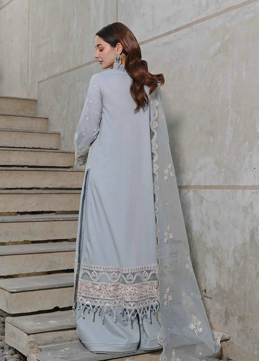Ice Blue Embroidered 3 Piece Suit for Women