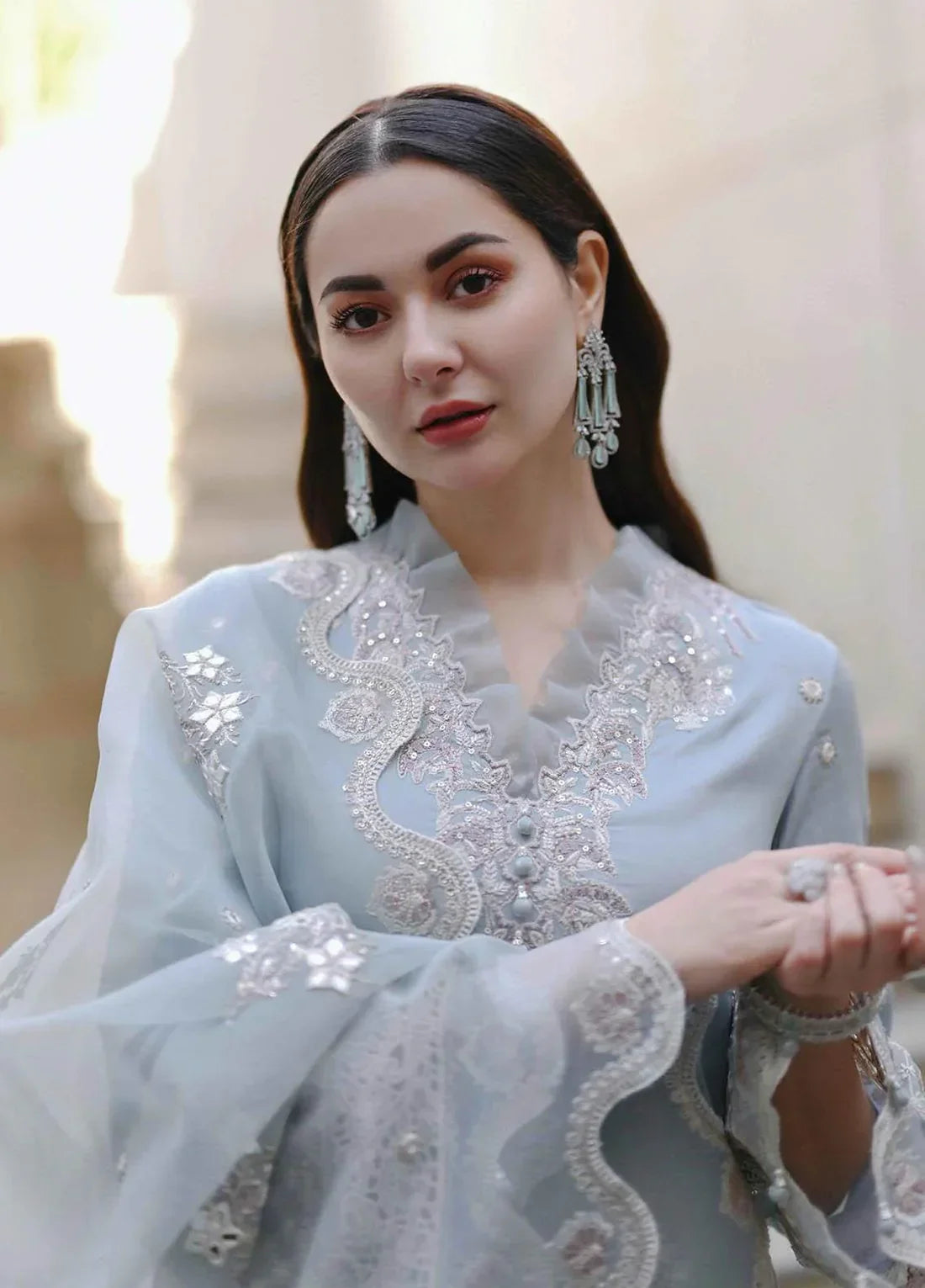 Ice Blue Embroidered 3 Piece Suit for Women