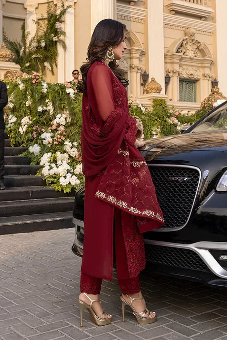 Luxury Maroon Embroidered 3 Piece Suit for Women
