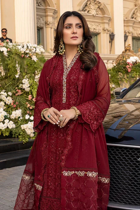 Luxury Maroon Embroidered 3 Piece Suit for Women