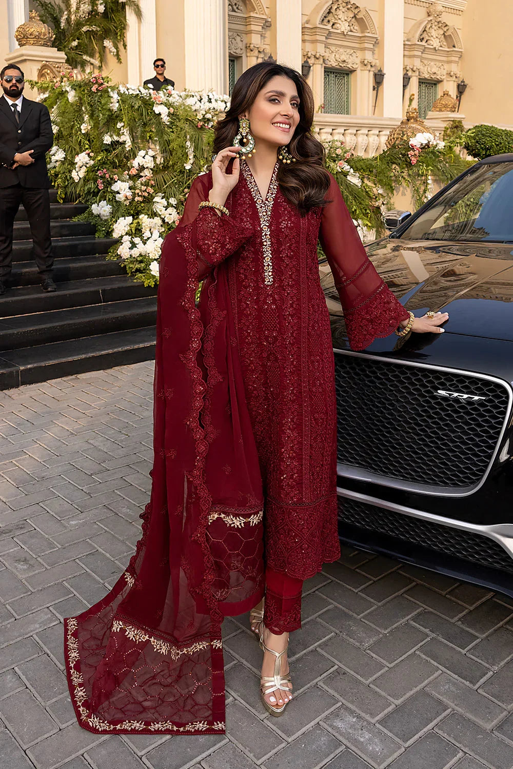 Luxury Maroon Embroidered 3 Piece Suit for Women